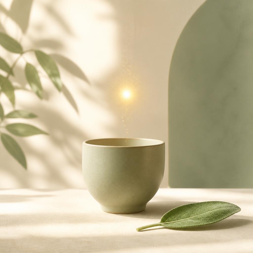 A warm ceramic cup with a glowing spark and a sage leaf, symbolizing a small daily moment of gratitude